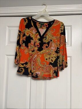 Lauren Ralph Lauren Orange & Black Paisley V-Neck Blouse